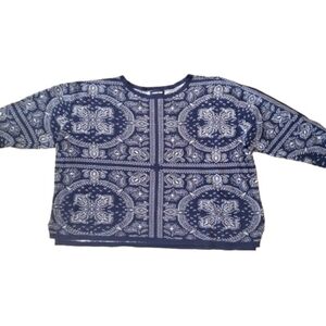 Lands End Women Blue White Bandana Patterned Sweater Top 2X